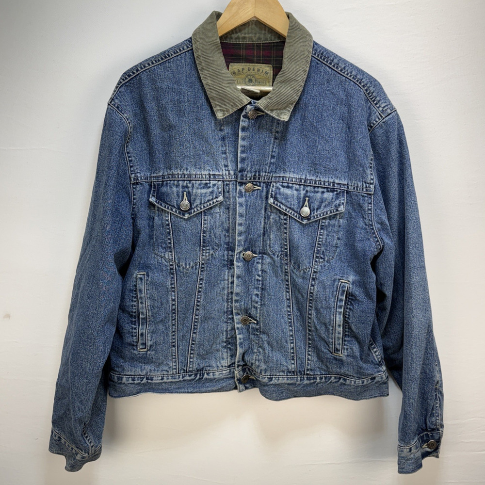 GAP Vintage 90s Denim Trucker Jacket Size L Corduroy Collar Plaid Flannel Lined